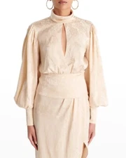 NEW Ronny Kobo Zion Bishop-Sleeve Keyhole Jacquard Top Medium M Silk Blend