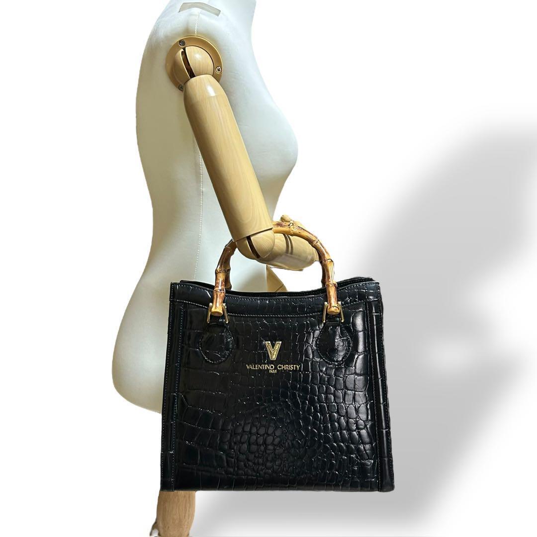 VALENTINO Handbag Tote Logo Crocodile Leather Black Women's
