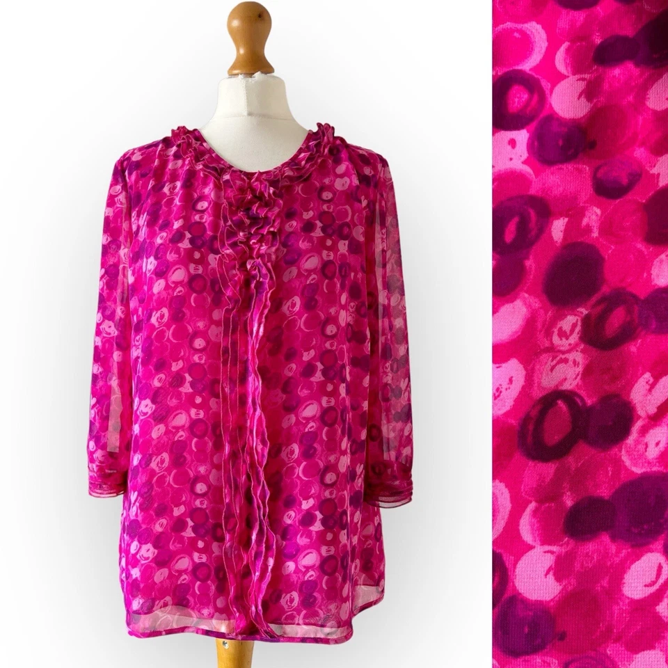 Viyella 16 Shirt Blouse Top Pink Purple Spotted Dot Circle Print Elegant Chiffon - Image 2 of 4