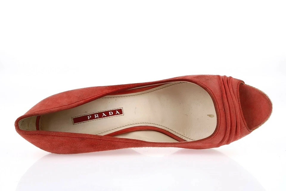 Zapatos de salón Prada para mujer coral naranja gamuza sin cordones punta abierta cuña alpargata talla 39 Foto 3 de 4