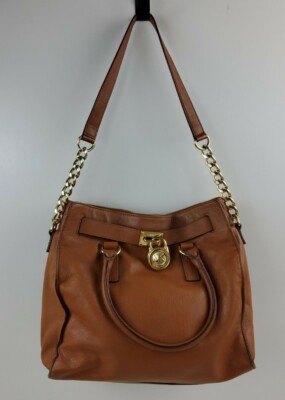 Michael Kors Hamilton Leather Large Satchel Shoulder Bag Gold Padlock Purse 