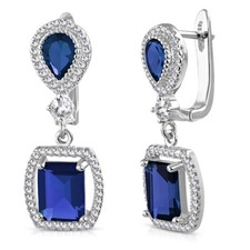 925 Sterling Silver Rectangular Teardrop Blue Sapphire-Tone CZ Dangle Earrings