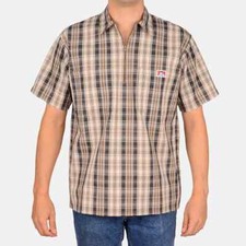 Ben Davis Short Sleeve Plaid 1/2 Zip Shirt Khaki Grey Stripe