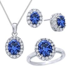 Oval Shaped Blue Sapphire 14k Gold Plated Frame Ring, Pendant & Earrings Set