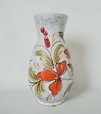Vintage Mid Century Art Pottery Vase Italy White Orange Floral Lava Glaze MCM