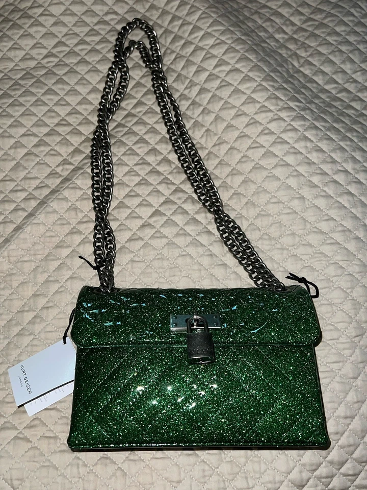KURT GEIGER THE BRIXTON EMERALD GREEN GLITTER SPARKLY HEAVY METAL CHAIN BAG NWT