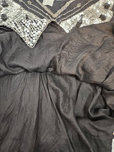 Vintage 70s Black Silk Silver Sequin Butterfly Disco Blouse Size Small i49 - Picture 8 of 10