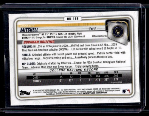 2020 Bowman Chrome Saphrie Garrett Mitchell Milwaukee Brewers #BD-118 - Photo 2 sur 2