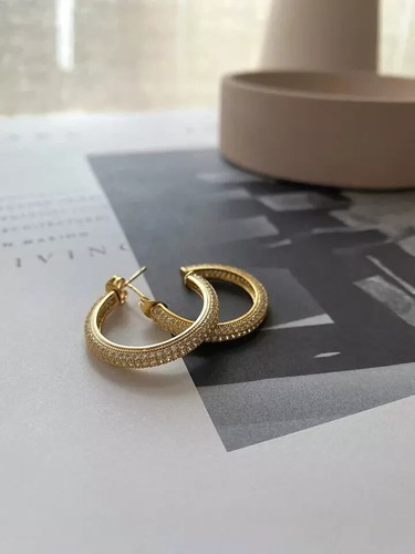 3 kt runde Moissanit Huggie Creolen Christen Geschenk Ohrringe 14 Karat Gelbgold vergoldet - Bild 2 von 4