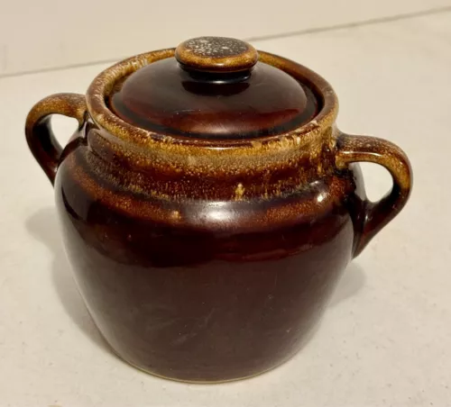 Vintage Brown Bean Pot USA Pottery Stoneware Lidded Double Handle 6'' X 5" TALL