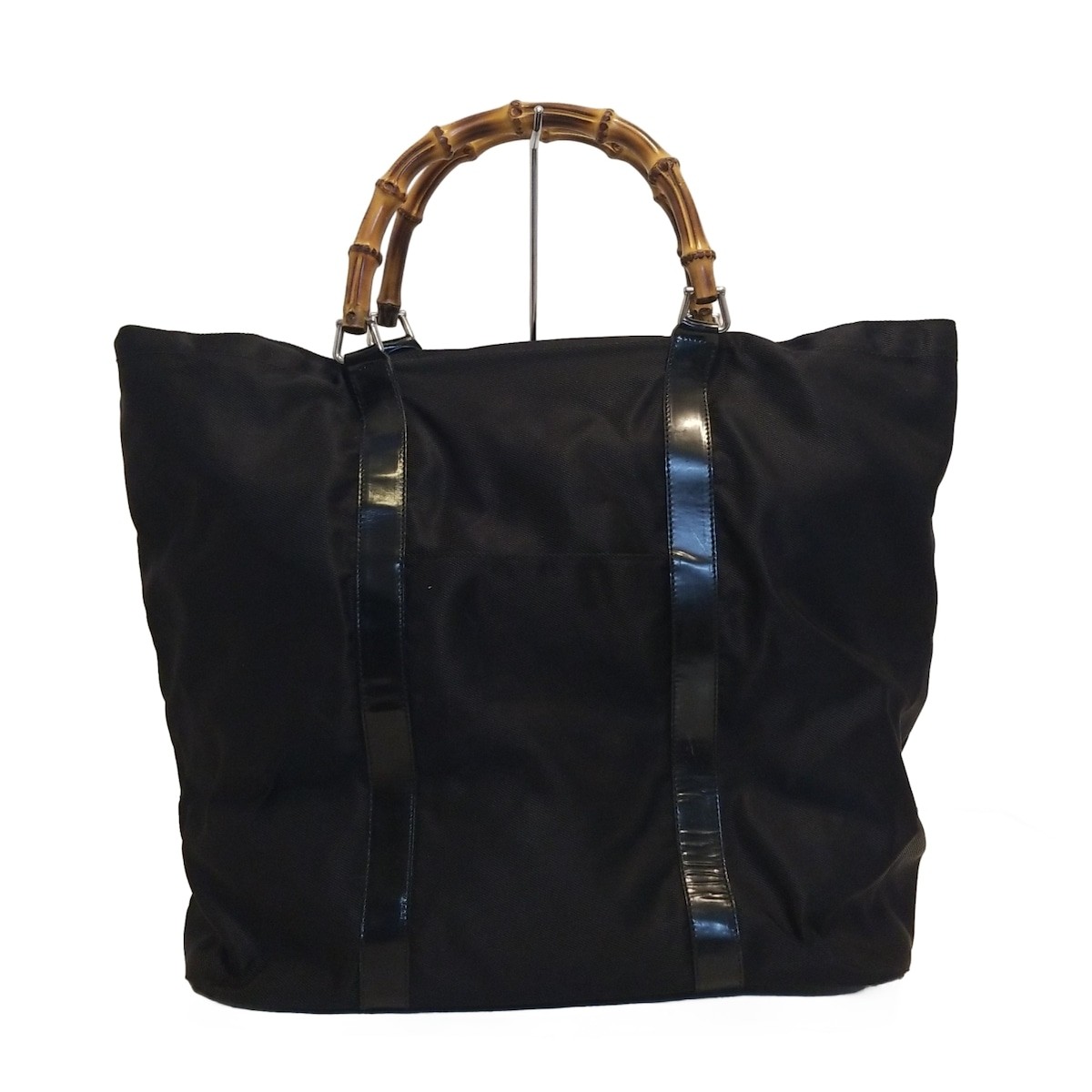 Gucci Bamboo Leather Tote Bag Black Beige Authentic Pre-Owned