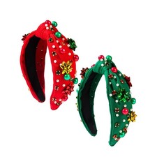 2Pcs Christmas Headband for Women Xmas Bow Knotted Headband Red Green Crystal...