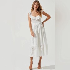 ASTR White Eyelet Ruffle Smocked Midi Dress M 100% Cotton Tie Back Summer $178