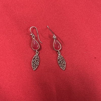 Sterling Silver 925 Barse Dangle Earrings With Red Stone And Feather 1.5 In