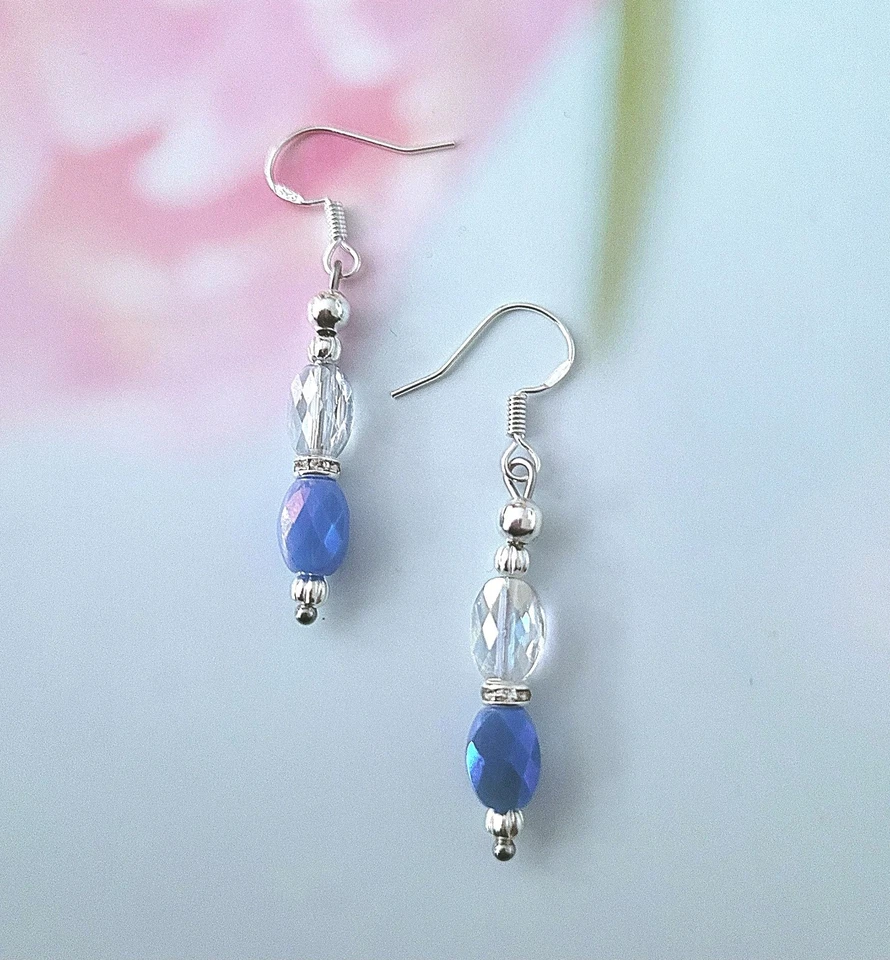 Sylvie's Kristall Ohrhänger Ohrringe blau weiss 4,5 cm handmade Neu / 1146