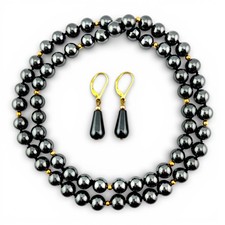 Hematite Necklace 22" & 14K Gold Vermeil Leverback Earrings Jewelry Set Women