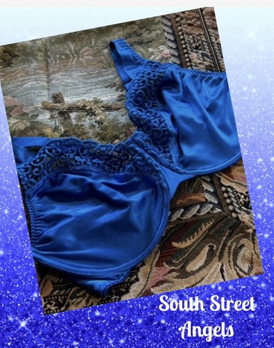 VINTAGE OLGA 33511 ROYAL BLUE SATIN LACE EDGINGS EMBROIDERED UW BRA ~ SIZE 38DD