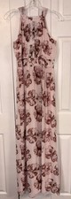 Nine West Maxi Dress Womens 4 Pink Brown Floral Pleated Chiffon Tie Neck