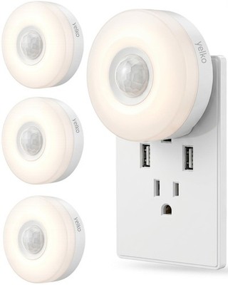 YELKO Motion Sensor Night Light - Plug-in 3000K Warm White Four Pack,