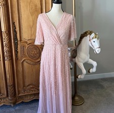 NWT Mac Duggal 35116 8 Pink Wrap Over 8 Flutter Sleeves Midi Beaded Dress Gown