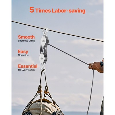 100ft Polyester Rope Pulley Hoist, 4400lb Break Strength, 5:1 Lifting Ratio