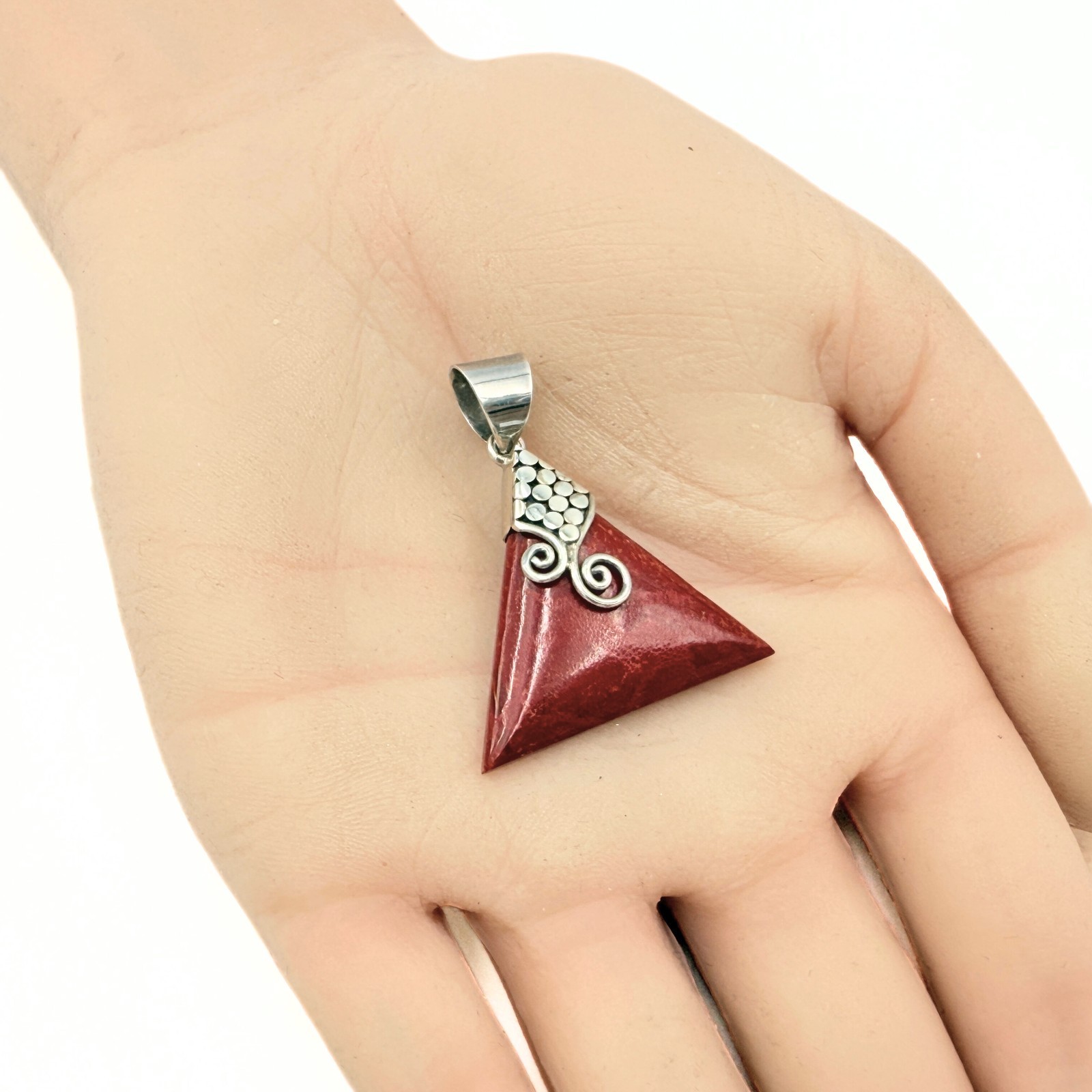 Stunning Marked Sterling Silver Triangular Red Sp… - image 3