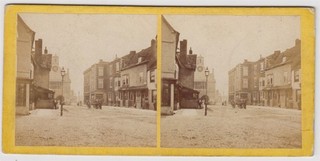 Worcestershire stereoview Evesham and street scene with Town Hall by F.C. Earl