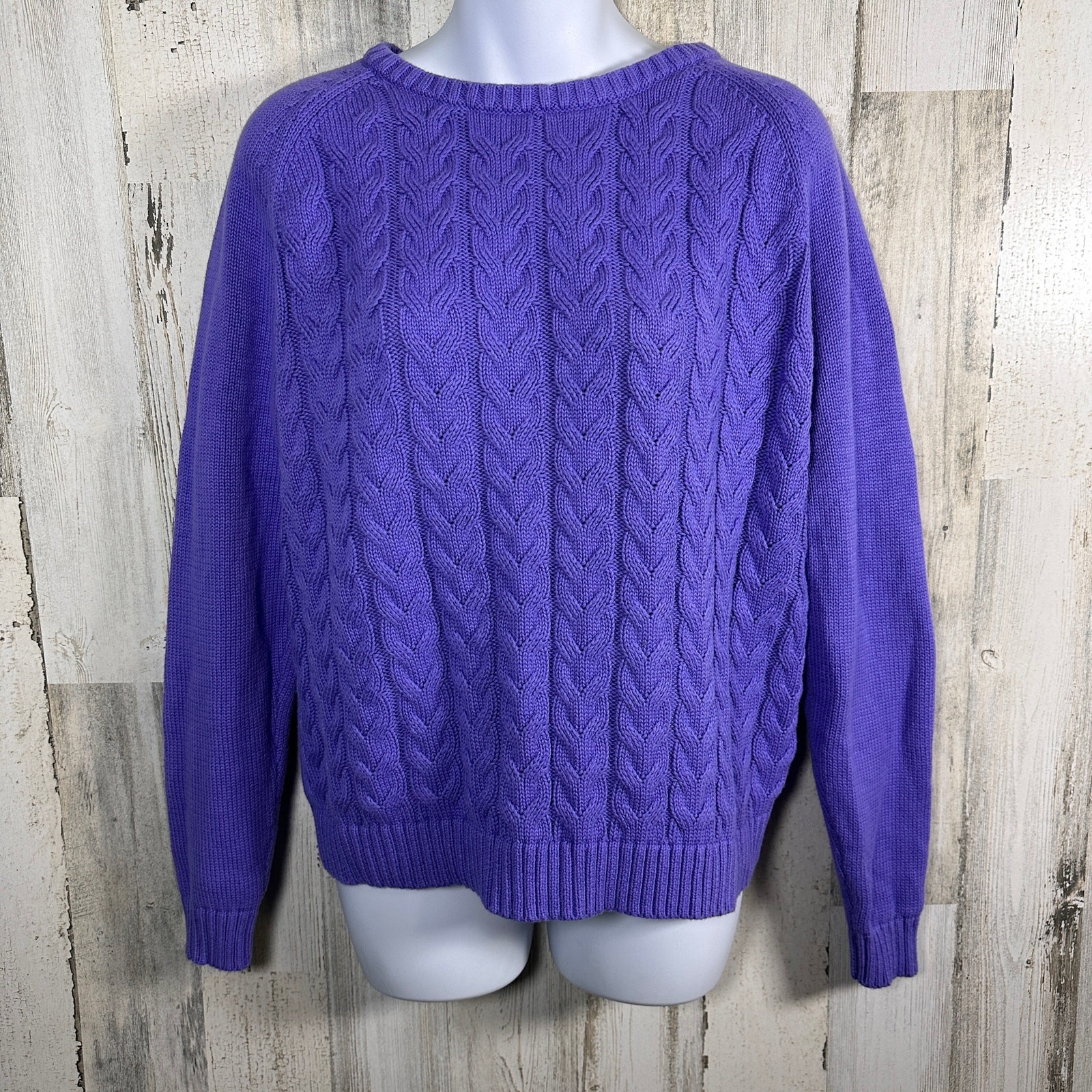Lands’ End Drifter Sweater L Petite | Purple Cable Knit | 100% Cotton | MSRP $69