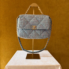 Chanel 19 Large Flap Bag Blue Multicolor Quilted Tweed Mixed Metal Chain Classic