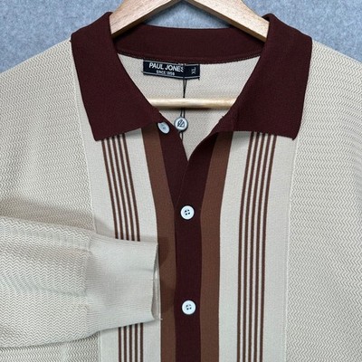 Paul Jones Mens XL Knit Polo Cardigan Retro Striped Long Sleeve Sweater Cream