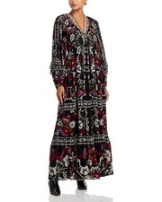 FARM Rio Rococo Flowers Maxi Goth Boho Ruffle V Neck Blouson Sleeve Floral Dress