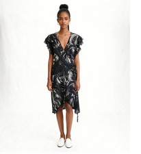 H By Halston Abstract Print Wrap Mini Ruffle Dress Size Large Black White V-Neck