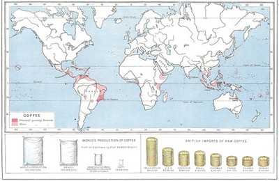 WELT. Rohstoffe - Produktion & Kaffeequellen 1907 alte antike Kartenkarte Karte
