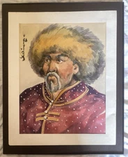Original Signed Artwork Watercolor Mongolian Warrior Portrait 16" x 20"