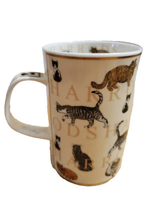Harrods London Fine China Cat Kitten Coffee / Tea Mug 4'' Gold Cream Black White