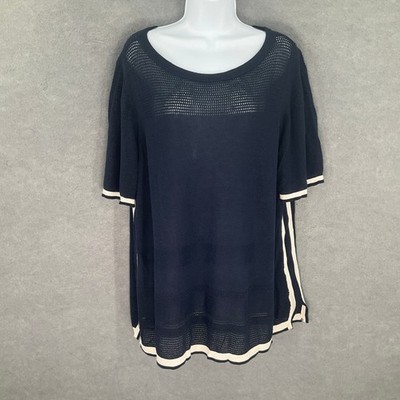 Talbots Plus Petite 2XP Navy Blue Linen Blend Knit Top Short Sleeve Sweater