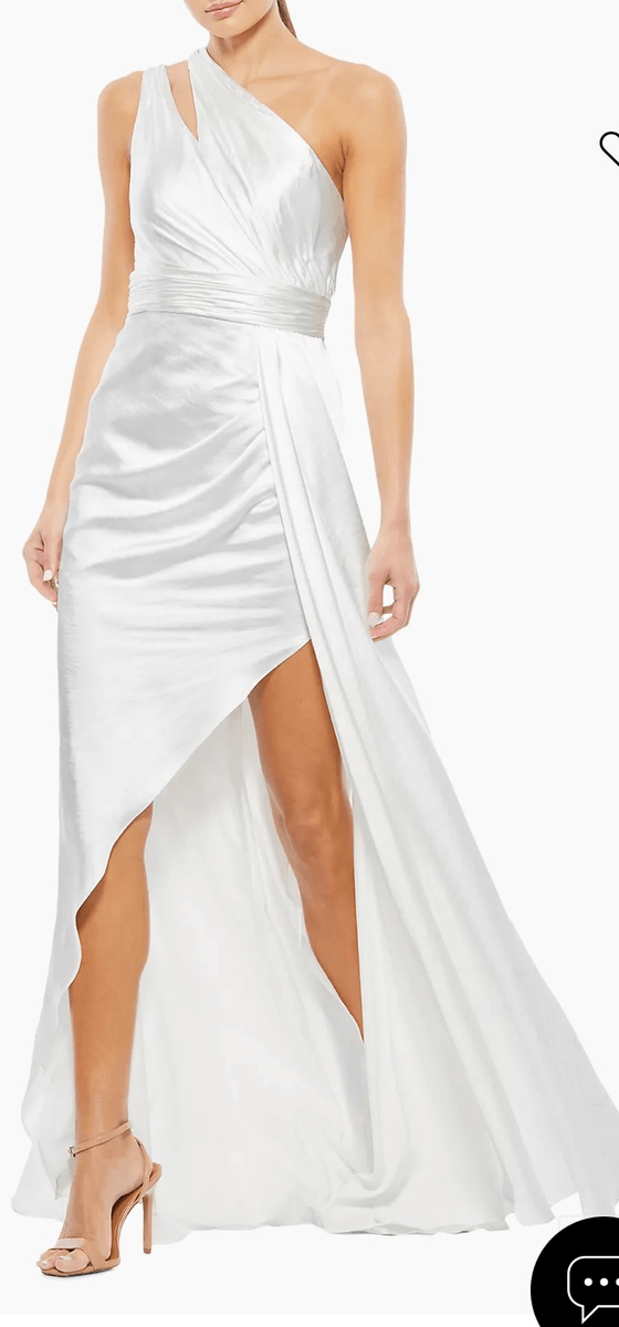mac duggal asymmetrical gathered dress Ieena Satin A-Line Gown in White NWT Size 10 not_for_sale Black Asymmetric Ruffled Mini Color:Off-white The semi