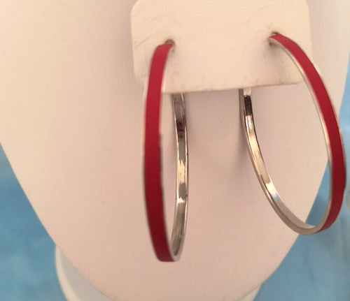 Pendientes de aro para mujer esmalte rojo plateado metal Appx. 2 1/2 pulgadas - Imagen 8 de 15