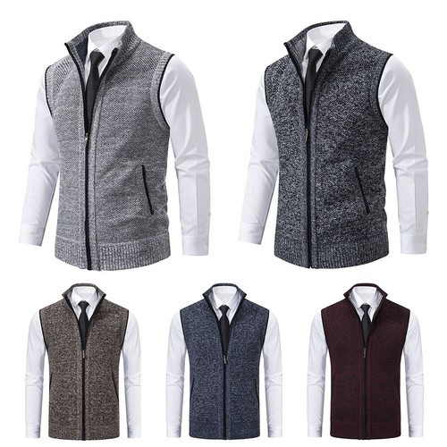 Men Knitted Vest Sleeveless Sweater Cardigan Waistcoat Coat Stand Collar Pocket - Picture 2 of 30