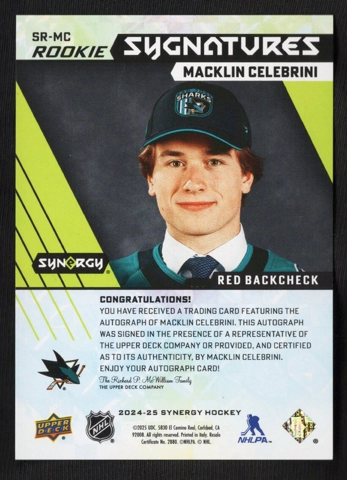 2024-25 Synergy Rookie Sygnatures Autograph Red Backcheck Macklin Celebrini /49 - Image 2 of 2