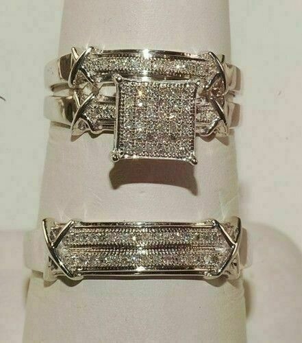 2Ct Lab Created Diamond His & Her Wedding Trio Ring Set 14k White Gold Plated - Picture 3 of 3