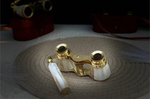 Brass Opera Glasses Mother of Pearl,Extendable Handle Custom Leather Case - Picture 2 of 9
