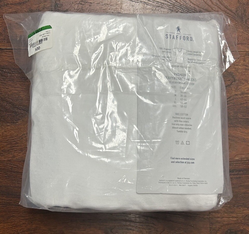 Stafford Sz L- 4 Pack Men's Heavyweight Cotton V-Neck Tee Shirts White ...