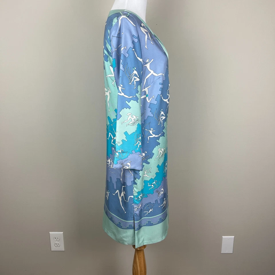 J McLaughlin Dress Women 2 Blue Silk Shift 3/4 Sleeves Split V-Neck Above Knee - Image 3 of 4