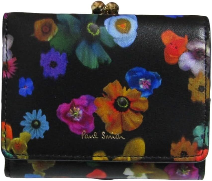 Paul Smith Tri-fold wallet with clasp, floral river, black BPW012