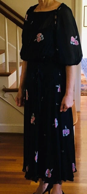 ALBERT NIPON Vestido de Noche Largo Negro Floral Vintage, Años 70 Foto 2 de 4