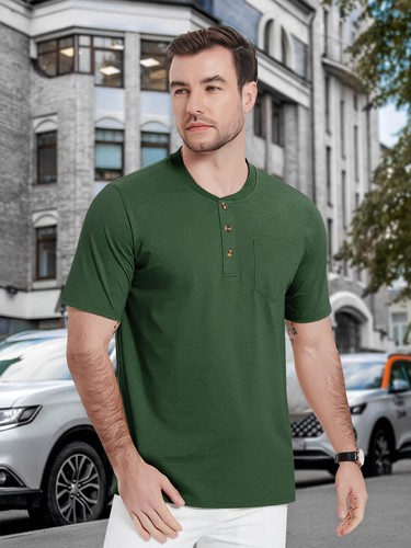 Men's Henley Shirt Short Sleeve Cotton 3 Button Pocket Casual Plain Summer - Picture 7 of 7