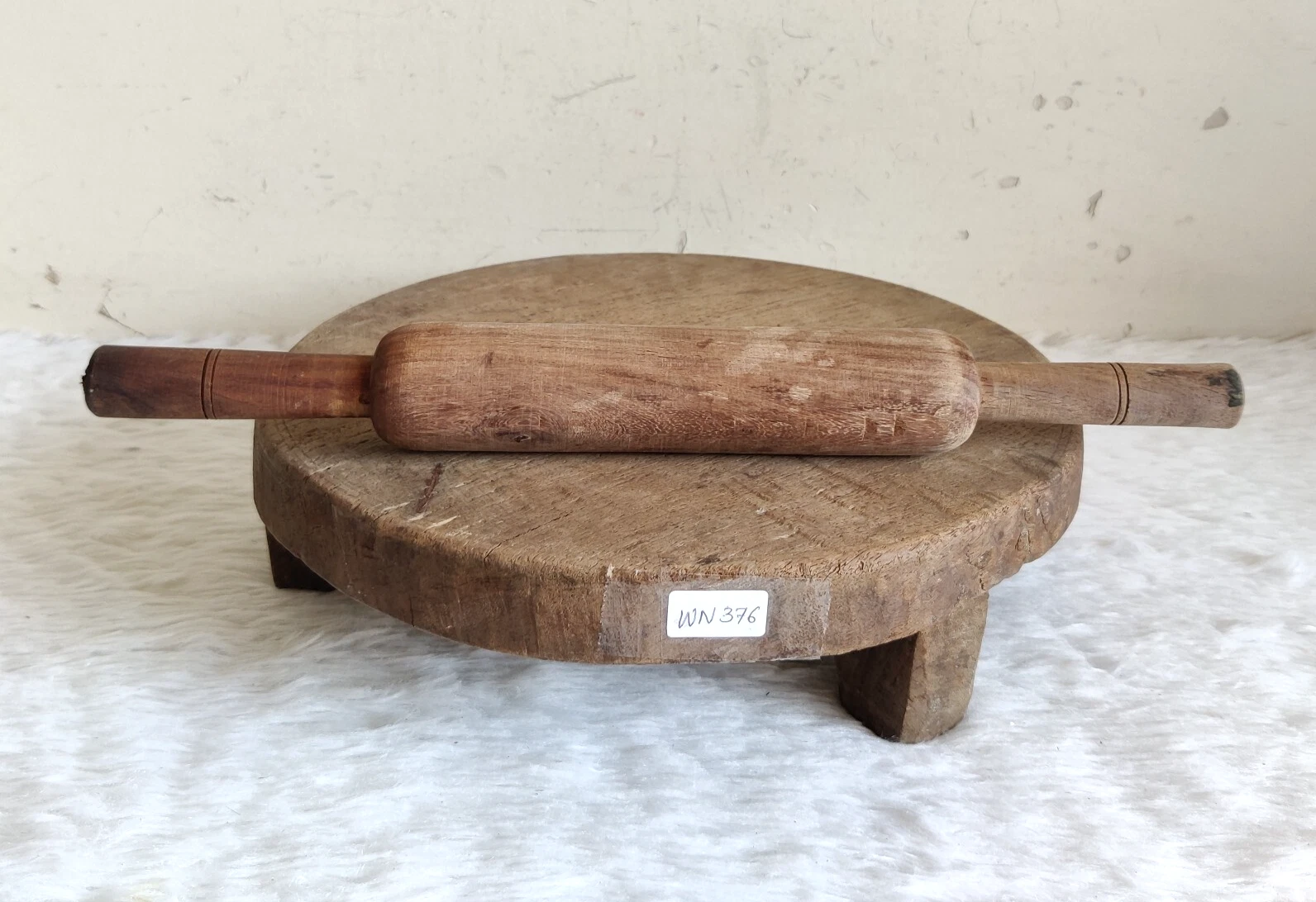 Vintage Rustic Indian Bread Board & Wooden Rolling Pin Set Antique Kitchen WN376
