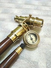 Vintage Brass Hidden Telescope With Clock Head Handle Wooden Walking Stick Cane