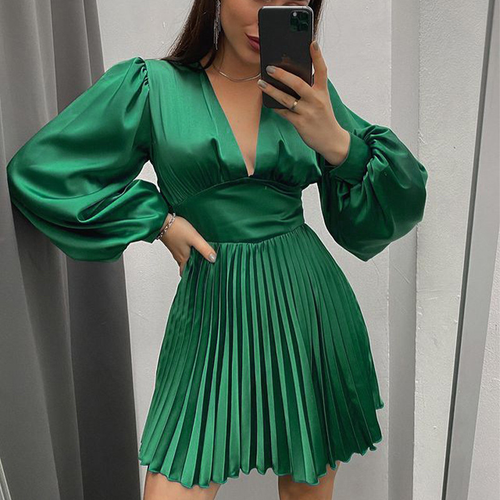 Women Pleated Dress Faux Satin V Neck 